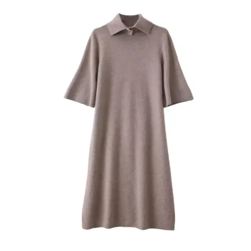 Women's High-end brand cashmere dress, thick five-sleeve lapel long dress for autumn and winter, polo collar mid-sleeve dress( হাই-এন্ড ব্র্যান্ডের কাশ্মীরি পোশাক, শরৎ এবং শীতের জন্য পুরু পাঁচ-হাতা ল্যাপেল লম্বা পোশাক, পোলো কলার মিড-হাতা পোশাক)